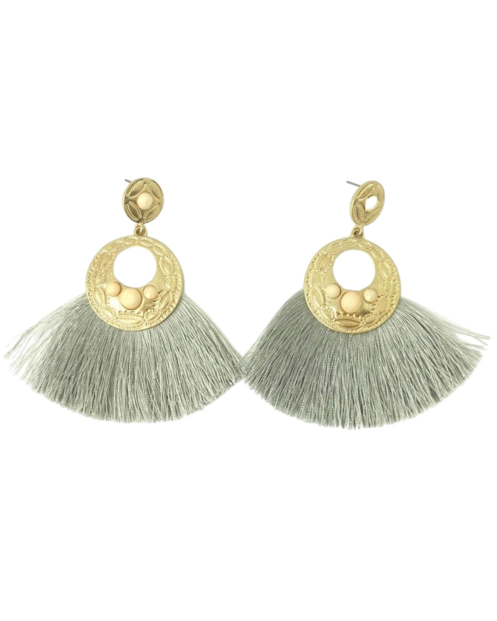 Gold Earrings with Pink Gems and Grey Fringe