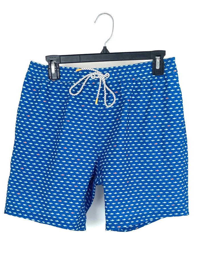 MENS Royal Blue Swim Shorts with Fish - Medium