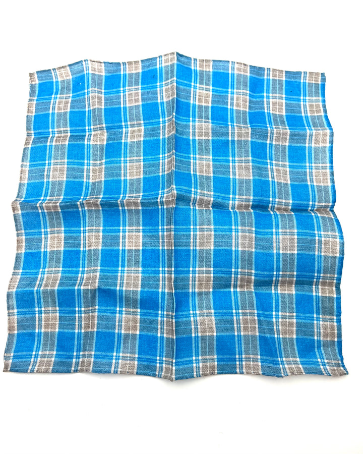 MENS Blue and Tan Plaid Pocket Square