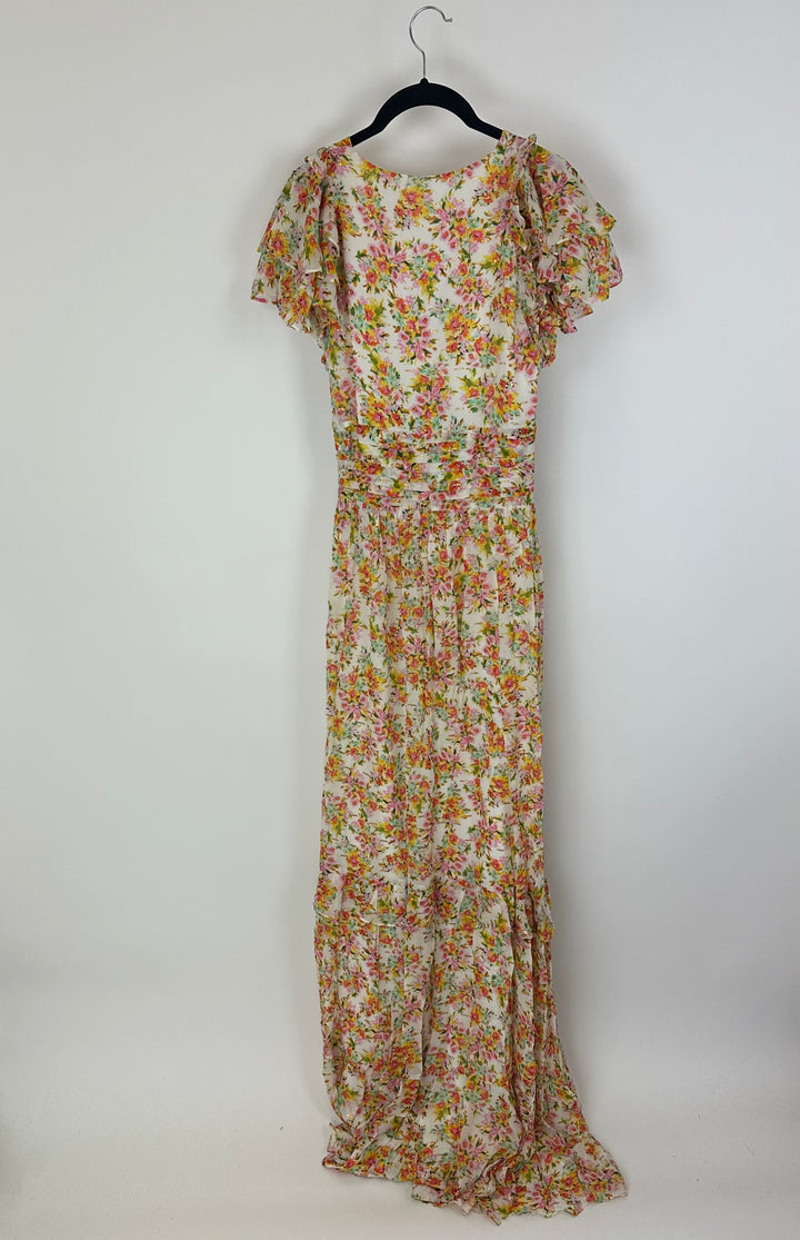 White & Multicolor Watercolor Floral Maxi Dress - Size 4/6