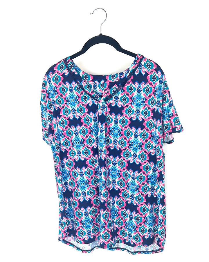 Teal, Pink and Blue Abstract Patterned Sleep Top - Small