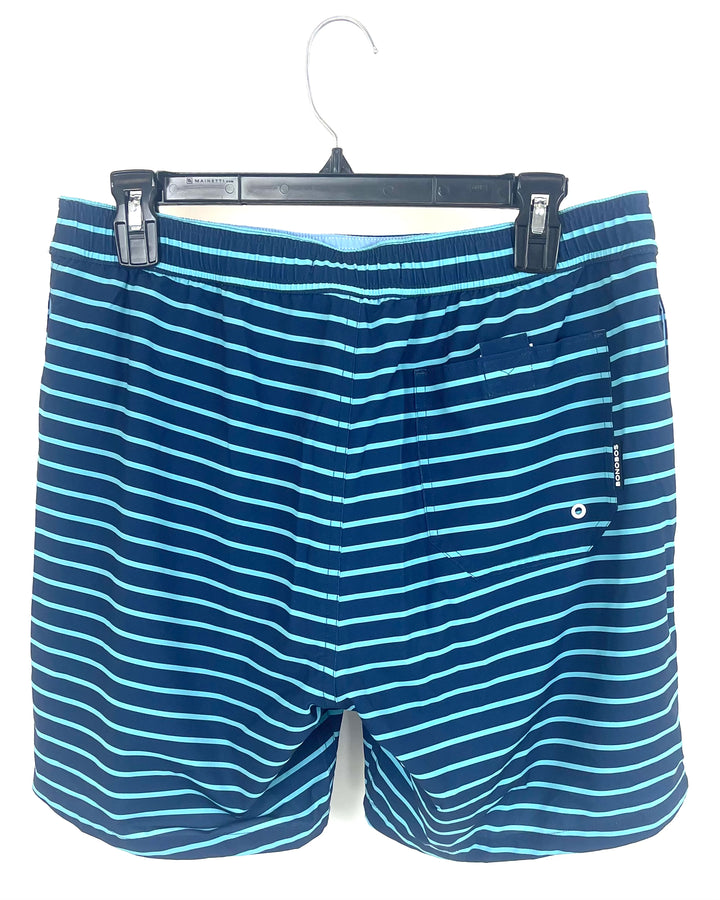 MENS Navy and Sky Blue Thin Stripe Swim Shorts - Medium