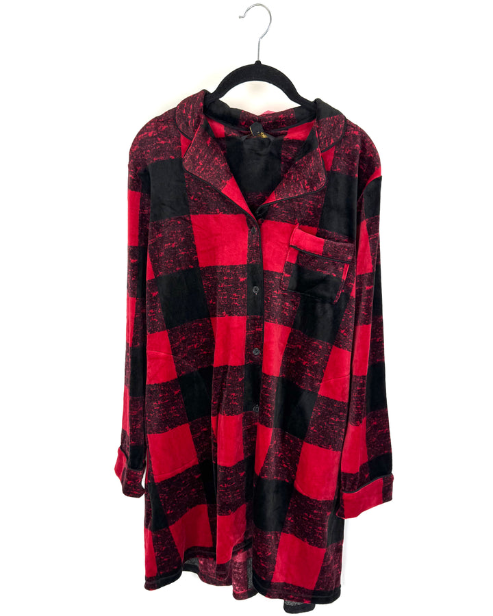 Red and Black Plaid Fleece Nightgown - Small