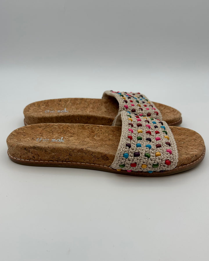 Tan Crochet and Wood Bead Slide Sandal - Size 6