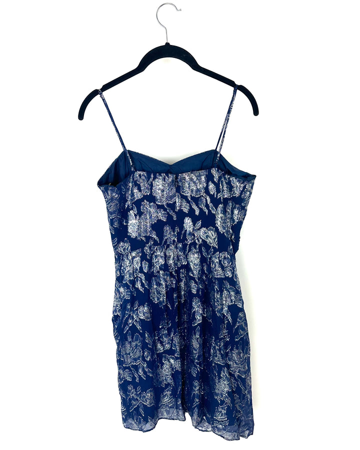 Navy Blue & Silver Floral Patterned Cocktail Dress - Size 4