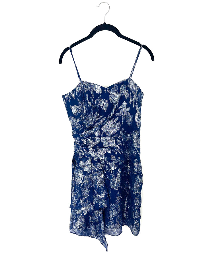 Navy Blue & Silver Floral Patterned Cocktail Dress - Size 4