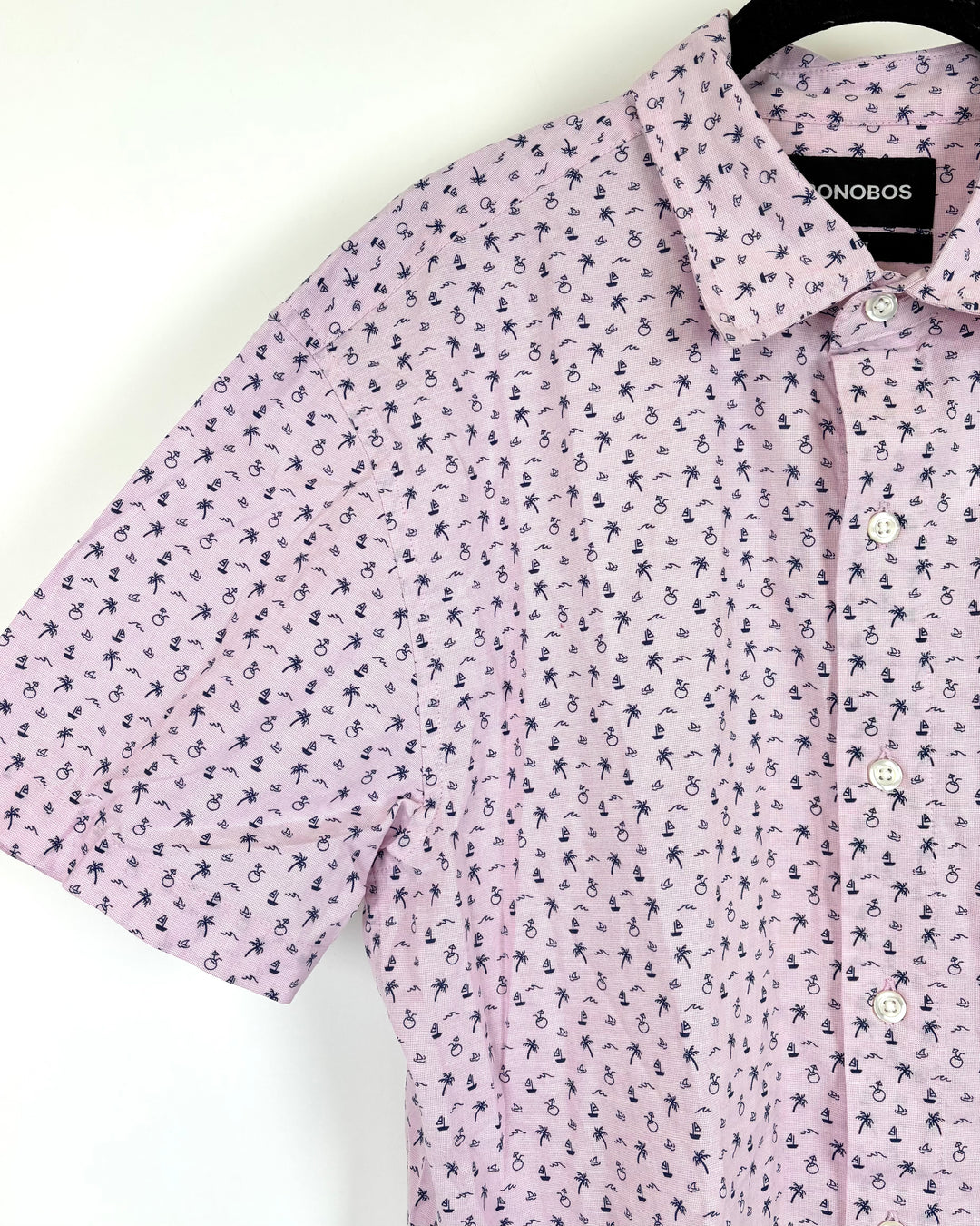 MENS Light Pink Button-Up with Blue Tropical Pattern - Medium