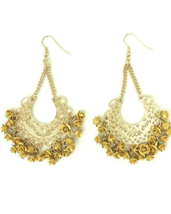 Gold Dangling Earrings with Yellow Flowers