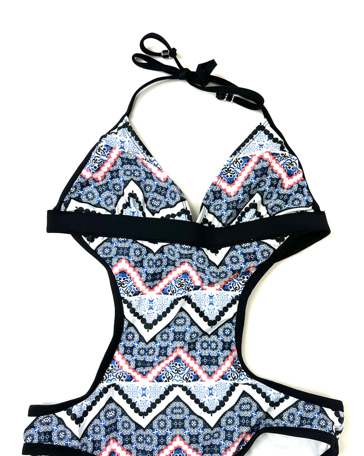Orange and Blue Abstract One Piece Swimsuit - Small