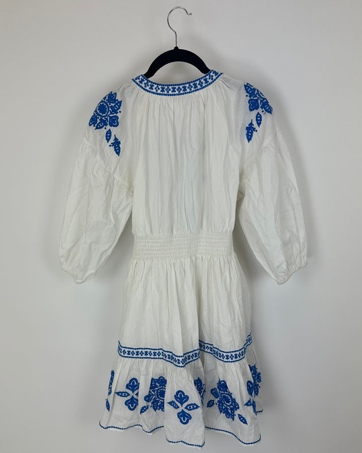 White Dress With Blue Embroidery - Size 4/6