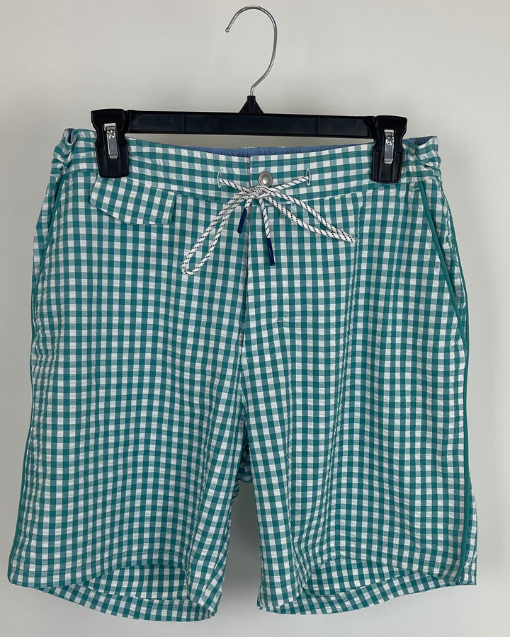 MENS Teal Gingham Swim Shorts - Medium