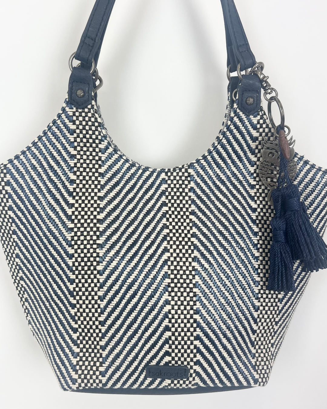 Navy Blue And Cream Woven Mini Tote