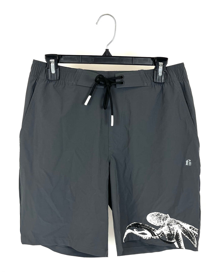 MENS Dark Gray Swim Shorts With White Squid Design - Small