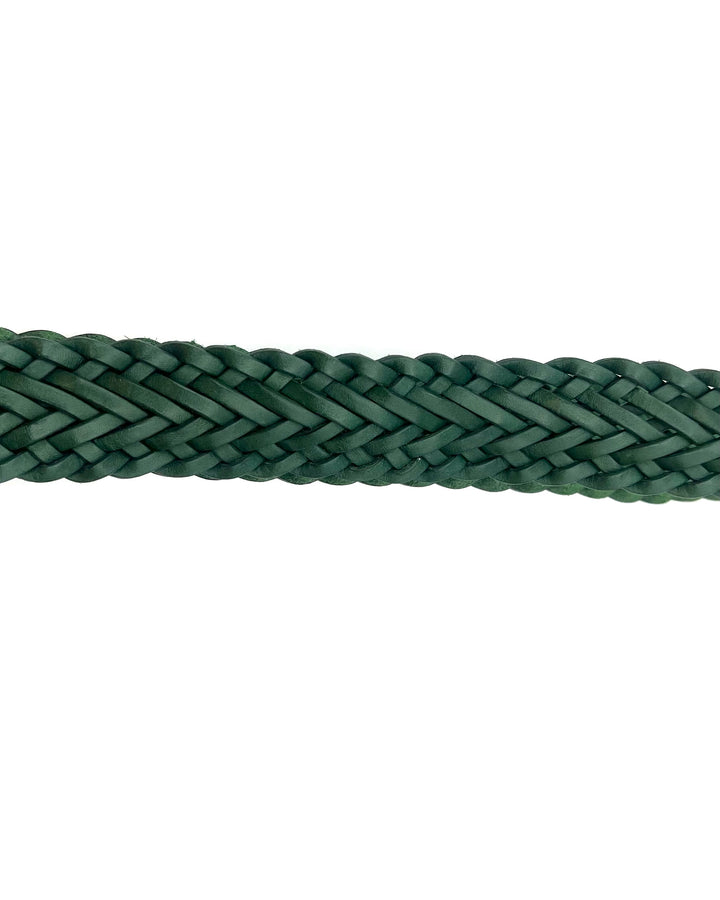 MENS Solid Green Leather Woven Belt