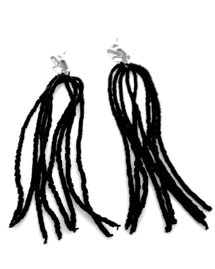 Black Beaded Tassel Earrings