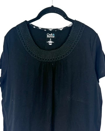 Black T-Shirt With Crochet Trim - Medium