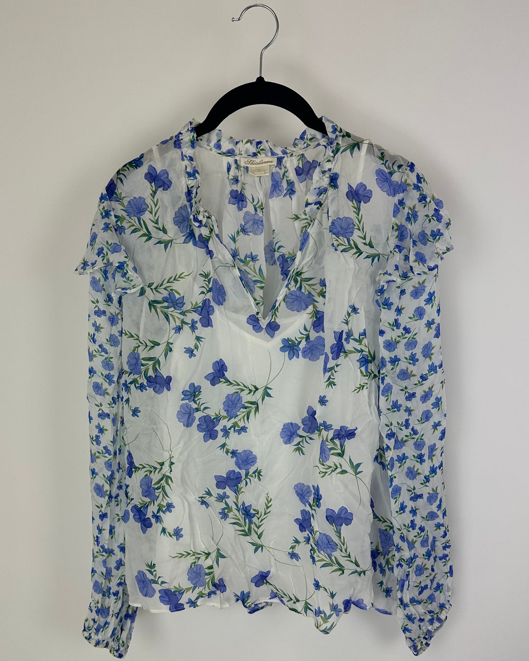 White and Blue Floral Patterned Blouse - Small