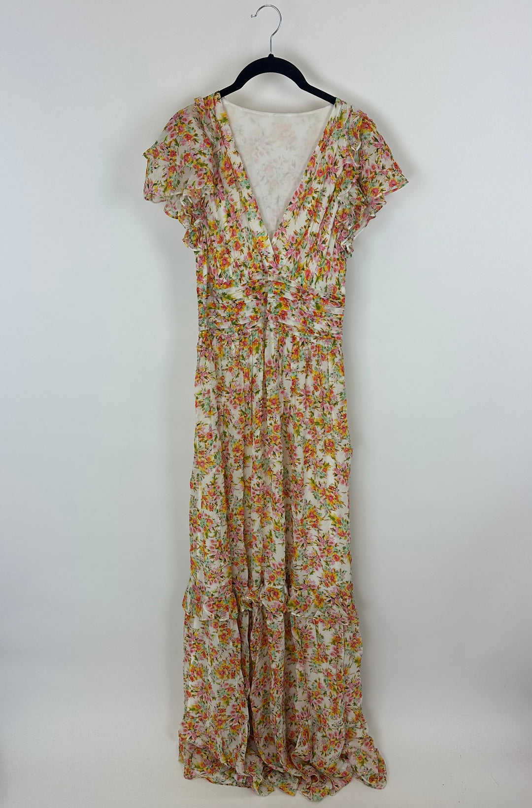 White & Multicolor Watercolor Floral Maxi Dress - Size 4/6