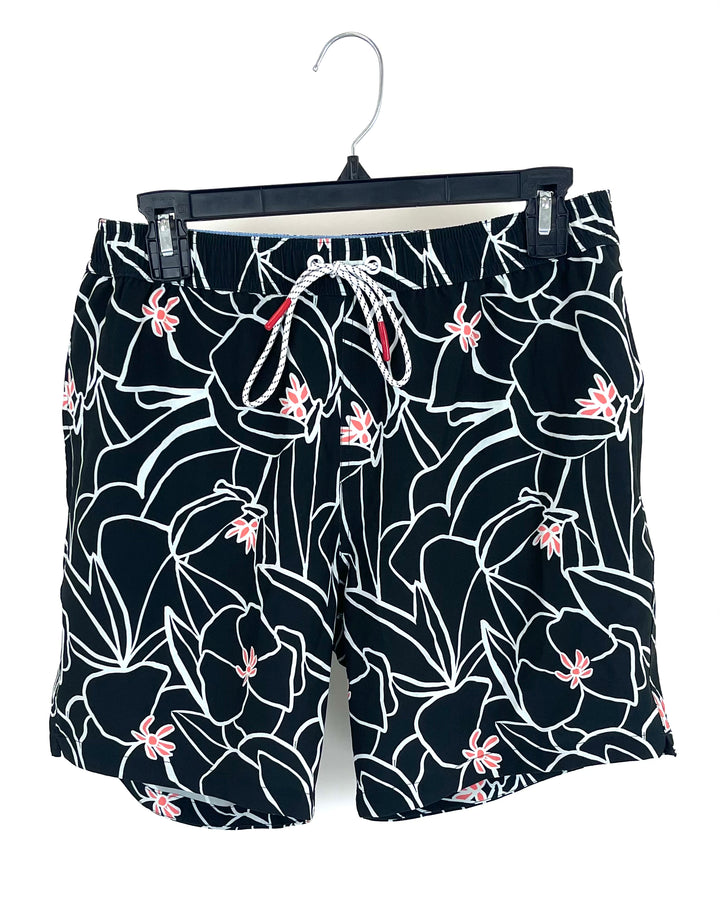 MENS Black and White Flower Print Swim Shorts - Medium