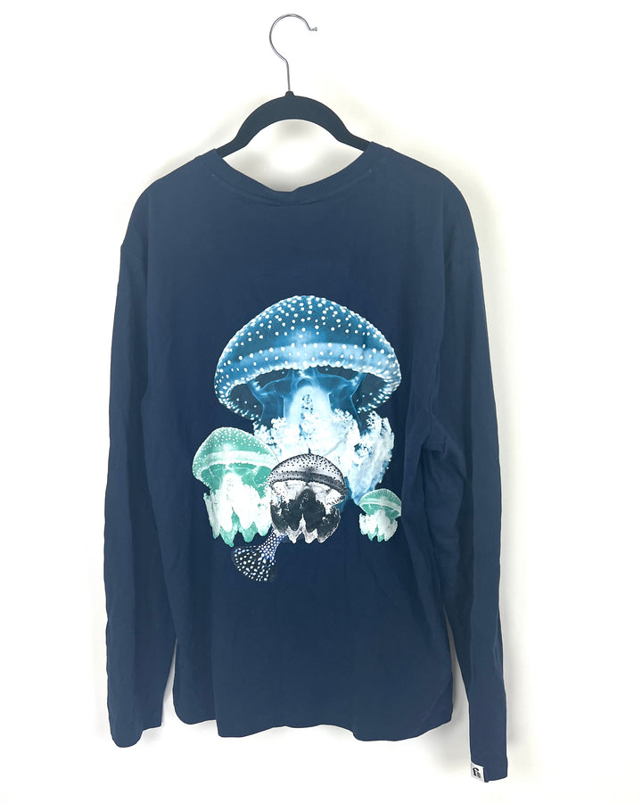 MENS Navy Blue Long Sleeve Shirt With Squid Design - Medium