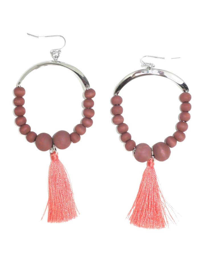 Dangling Earrings with Mauve Beads and Pink Tassel