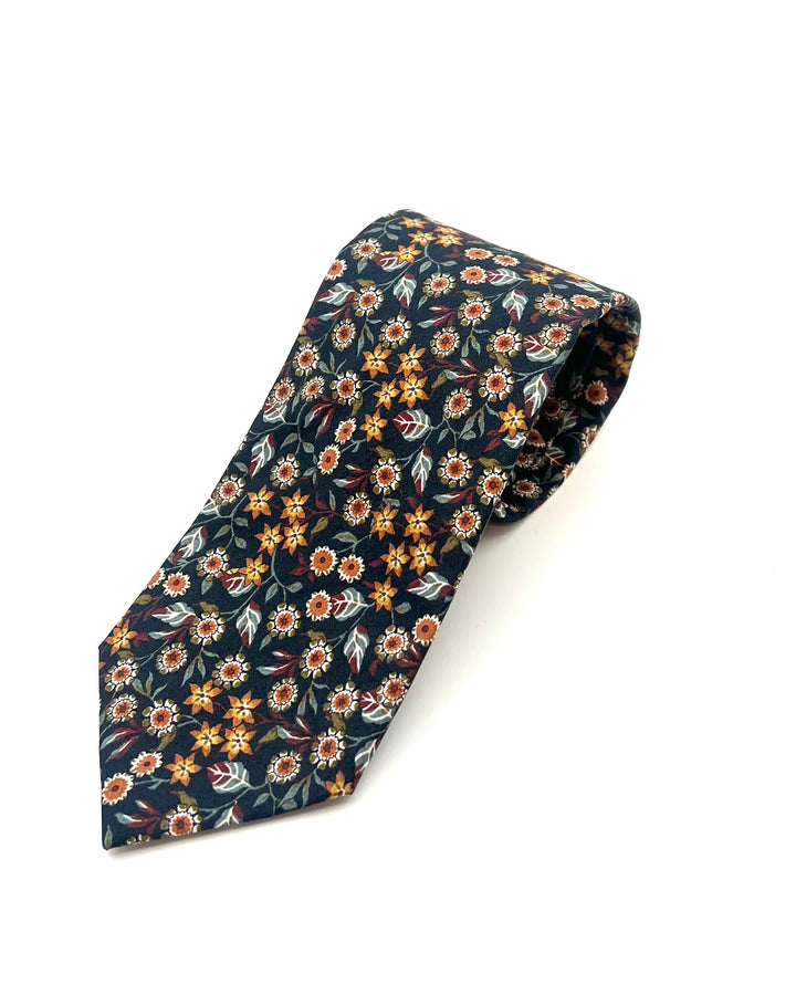 MENS Dark Blue and Earthy Florals Patterned Tie