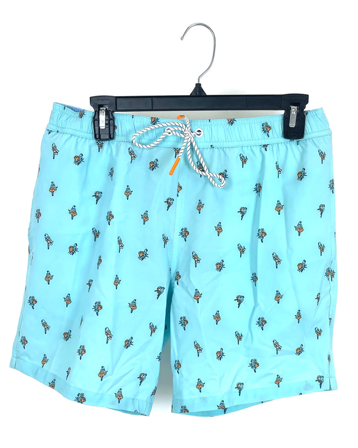 MENS Teal Swim Shorts With Small Birds - Medium