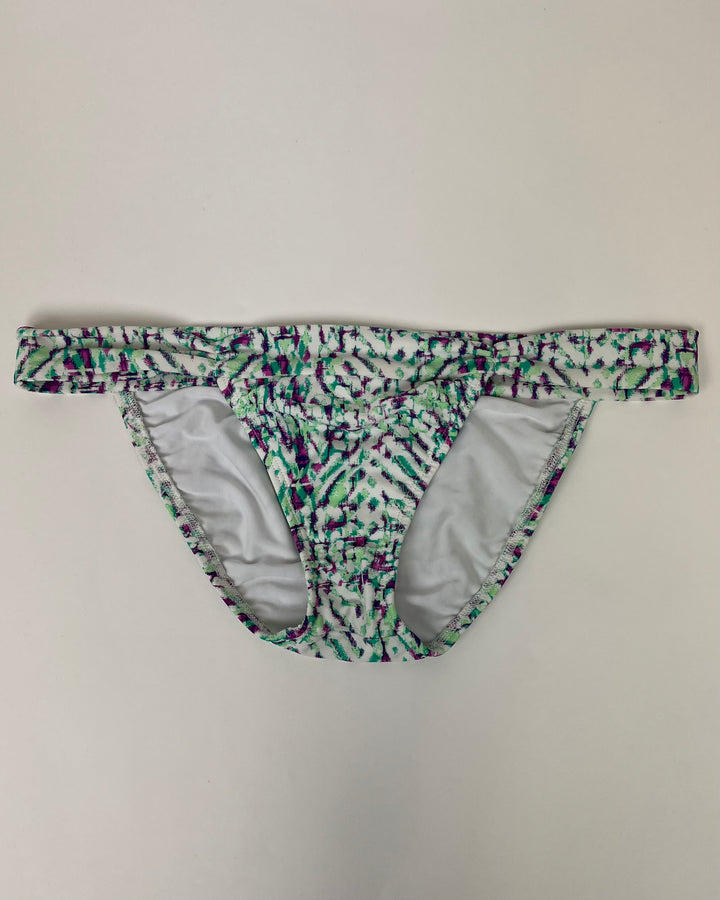 Purple and Green Abstract Swim Bottom With Ruched Sides - Medium