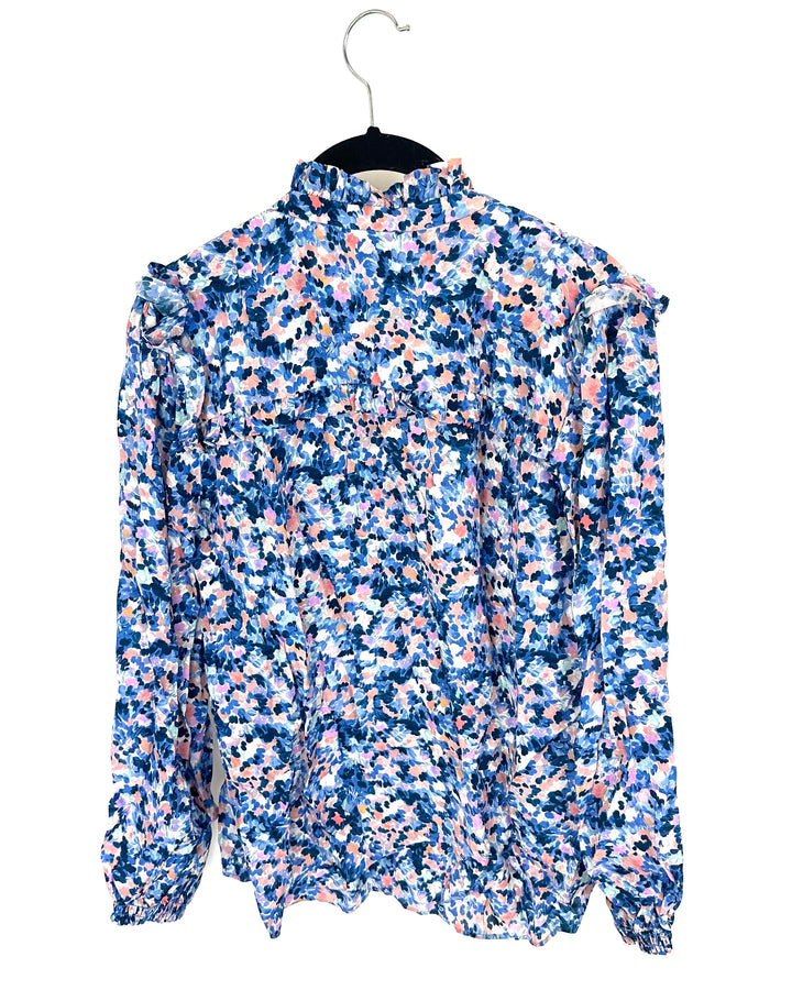 Shades of Blue Watercolor Floral Printed Blouse - Small