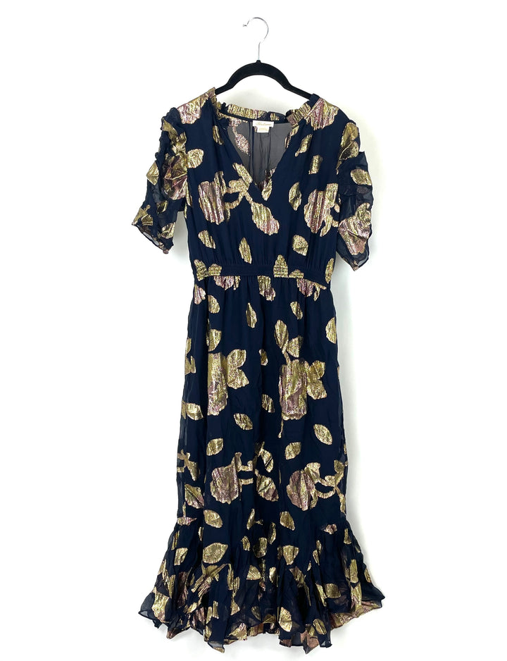 Navy Blue & Metallic Floral Pattern Dress - Size 4