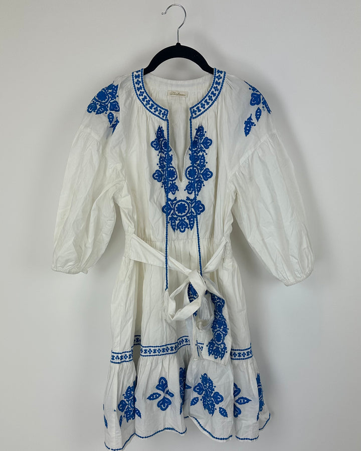 White Dress With Blue Embroidery - Size 4/6