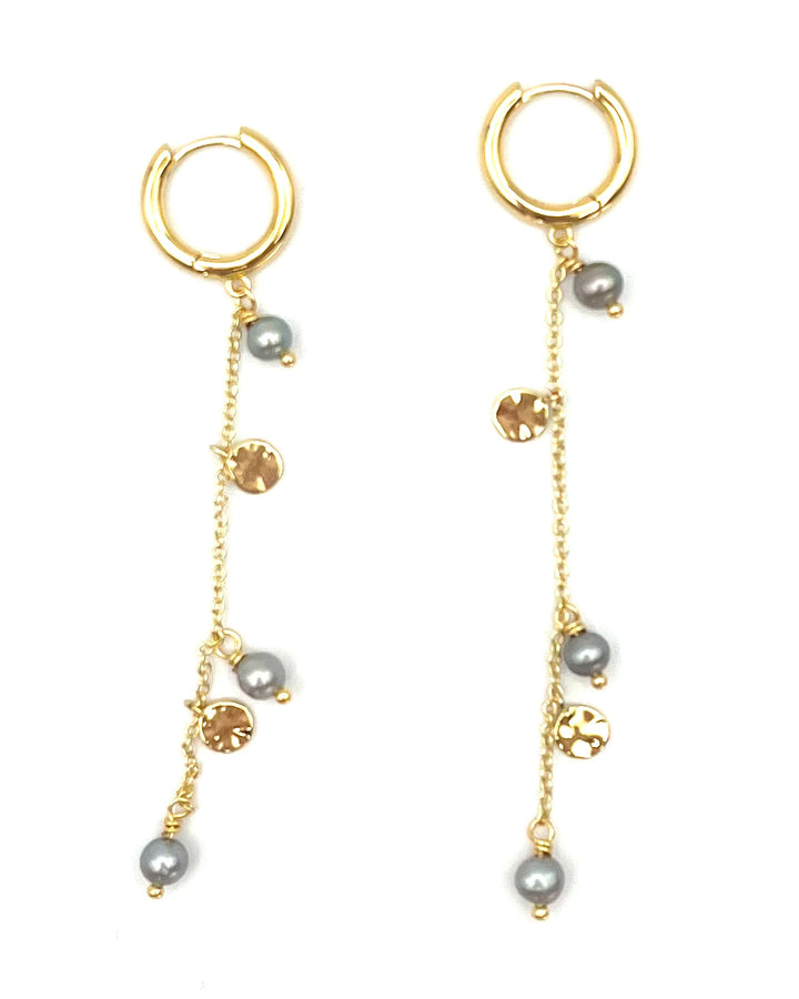 Gold Dangle Chain Earrings With Silver Pearl Beads