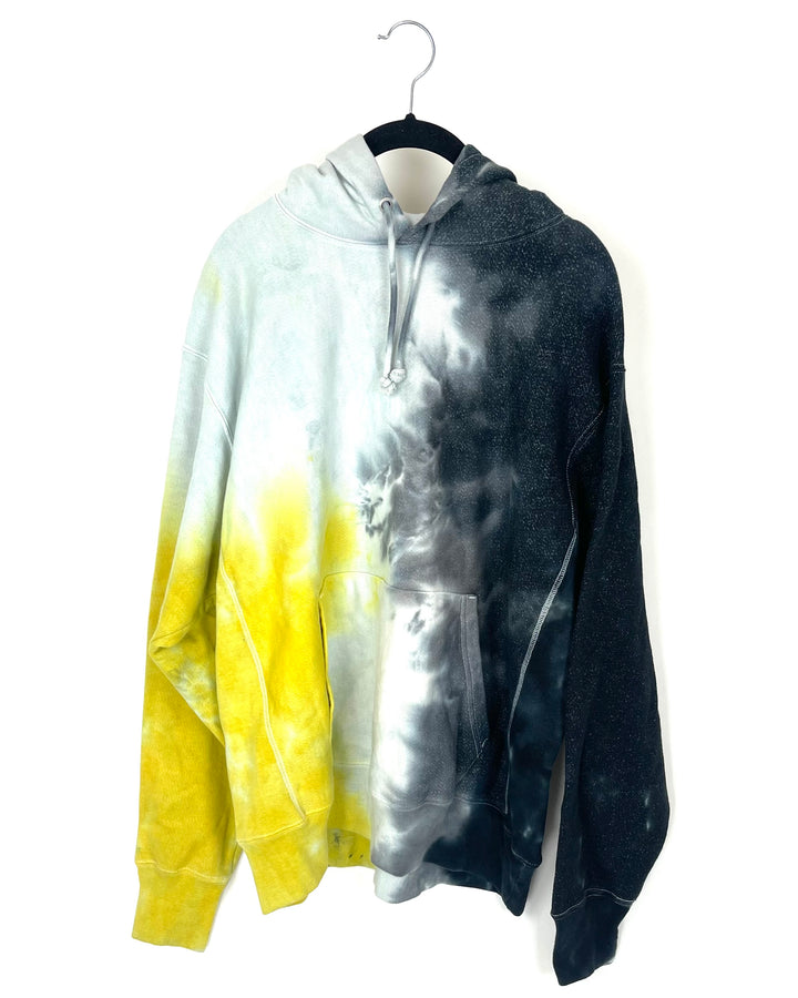 MENS Gray and Yellow Tie-Dye Hoodie - Large