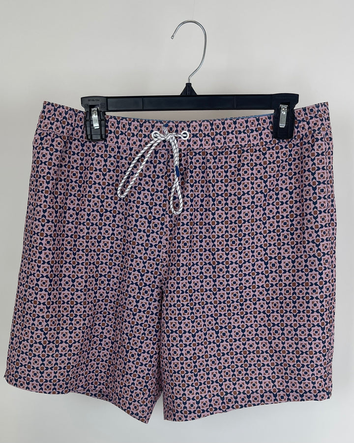 MENS Pink Geometric Print Swim Shorts - Medium