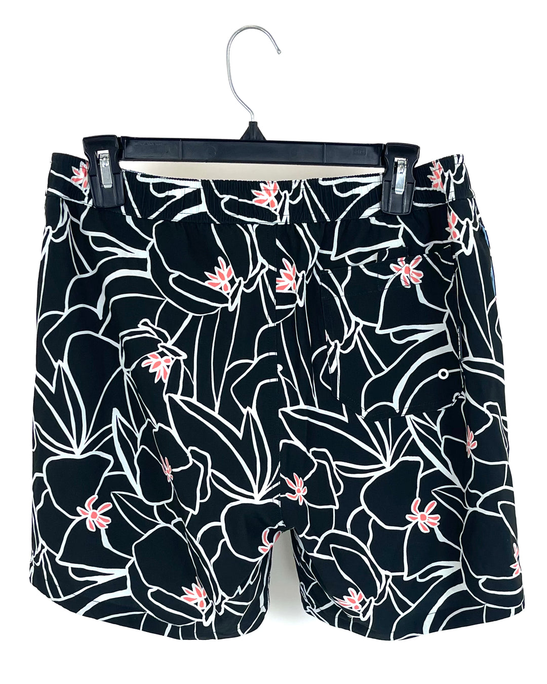 MENS Black and White Flower Print Swim Shorts - Medium