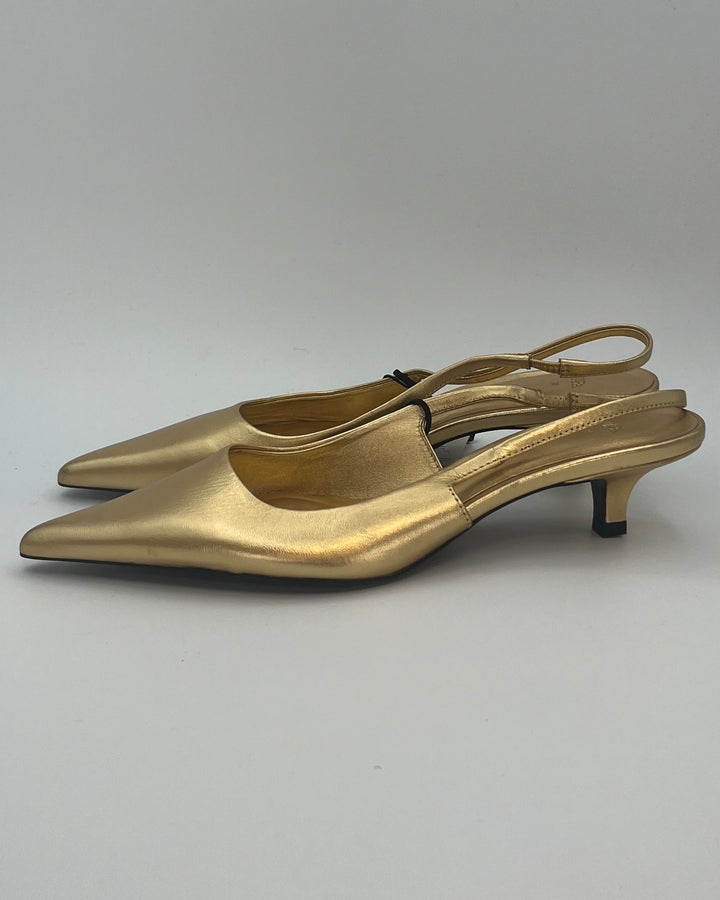 Zara Gold Pointed Toe Slingback Kitten Heels - Size 9