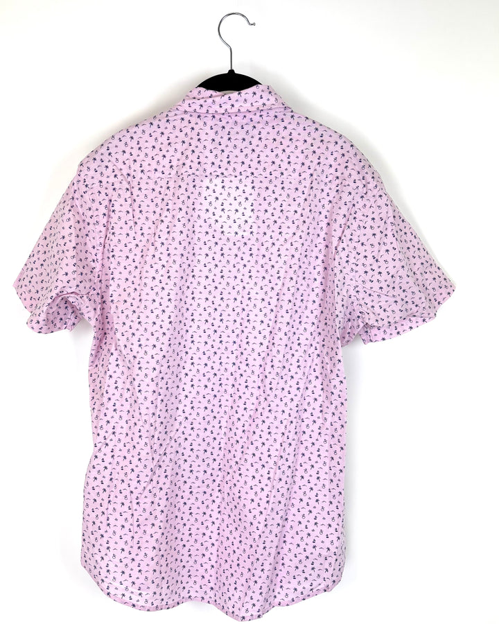 MENS Light Pink Button-Up with Blue Tropical Pattern - Medium