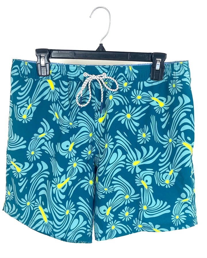 MENS Teal and Yellow Floral Swim Shorts - Medium