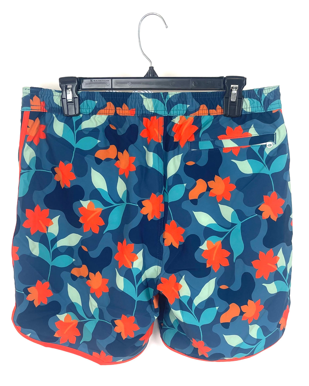 MENS Navy and Bright Orange Floral Swim Shorts - Medium