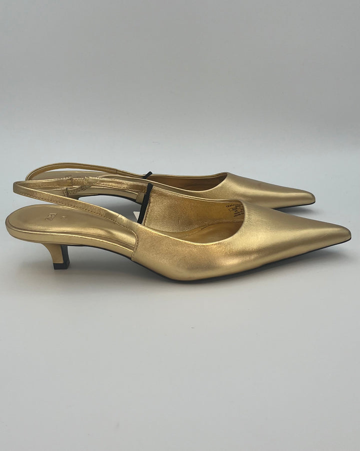 Zara Gold Pointed Toe Slingback Kitten Heels - Size 9