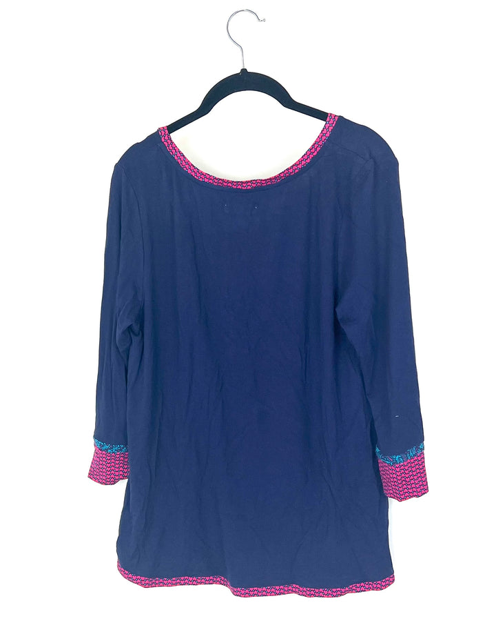 Navy Blue Long Sleeve Sleep Shirt with Patterned Trim - Small