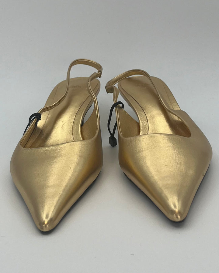 Zara Gold Pointed Toe Slingback Kitten Heels - Size 9