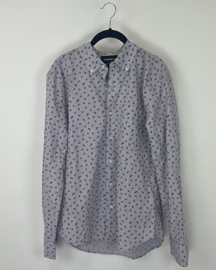 MENS Navy Blue Daisy Floral Pattern Button Up Long Sleeve - Medium