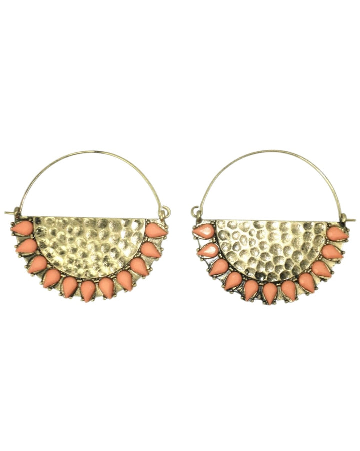 Gold and Coral Hoop Earrings with Gold Semi Circle