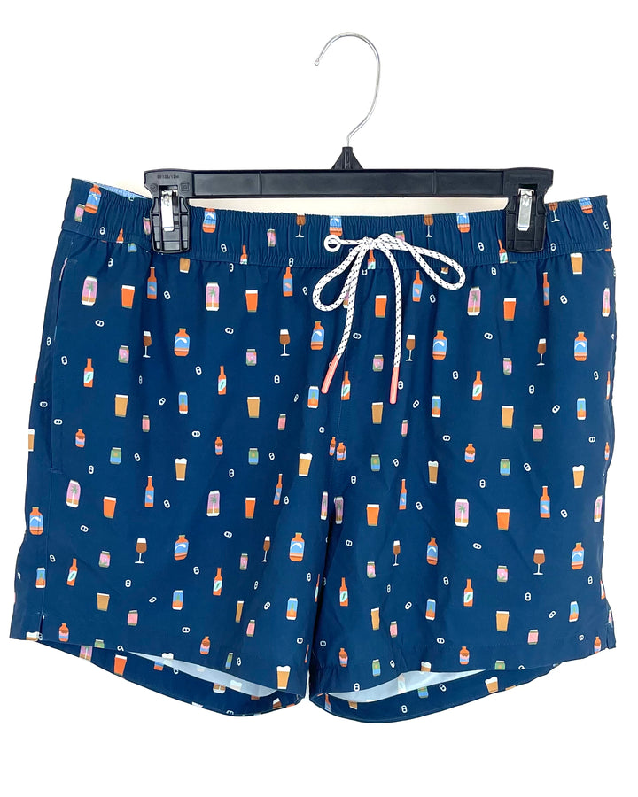 MENS Navy Swim Shorts With Various Drinks - Medium