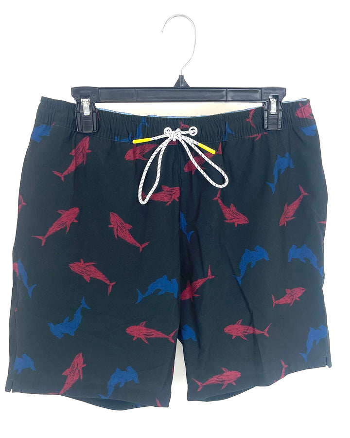 MENS Black Shark Print Swim Shorts - Medium