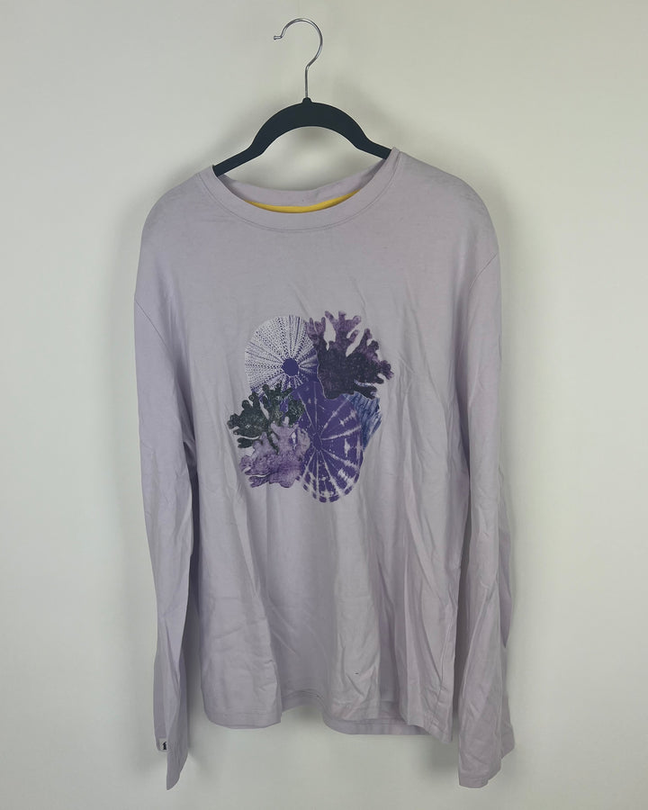 MENS Lavender Long Sleeve Shirt With Coral Design - Medium