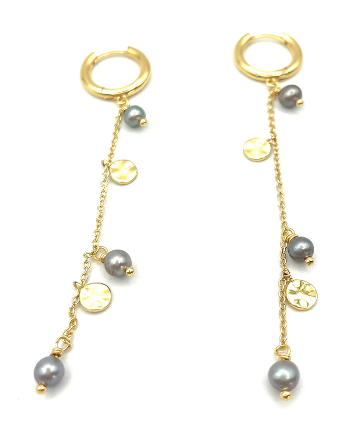 Gold Dangle Chain Earrings With Silver Pearl Beads