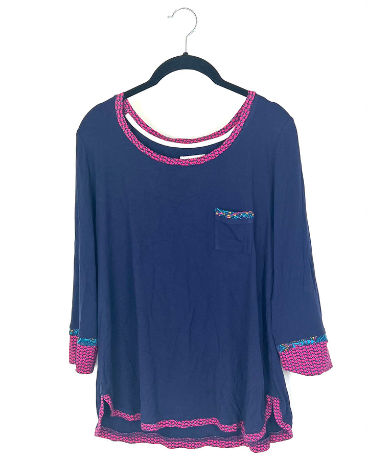 Navy Blue Long Sleeve Sleep Shirt with Patterned Trim - Small