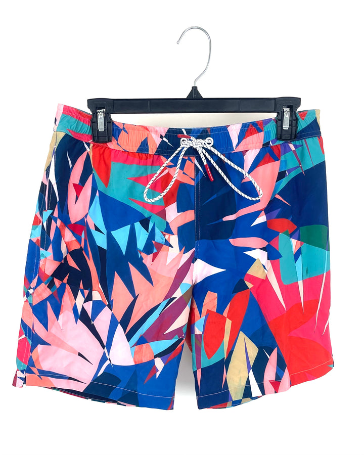 MENS Multi-Color Abstract Leaf Pattern Swim Shorts - Medium